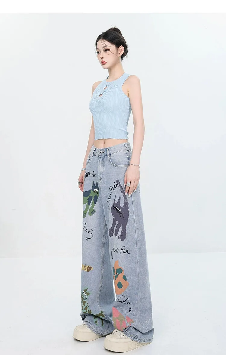 ABWEAR Whimsical Critter Doodle Wide-Leg Jeans