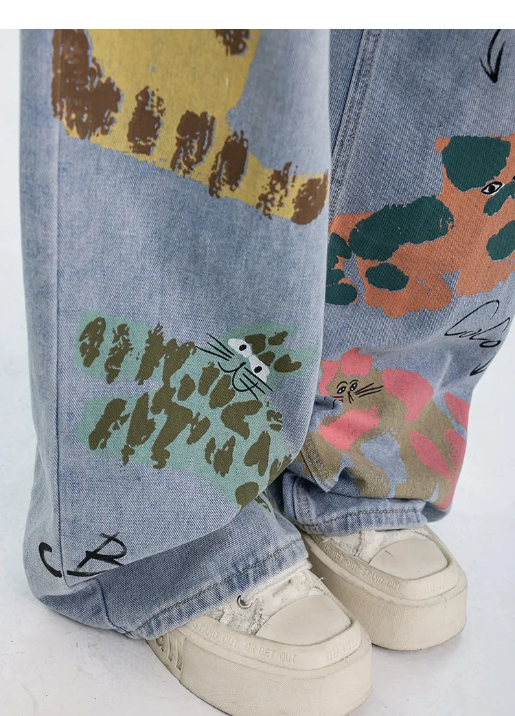 ABWEAR Whimsical Critter Doodle Wide-Leg Jeans