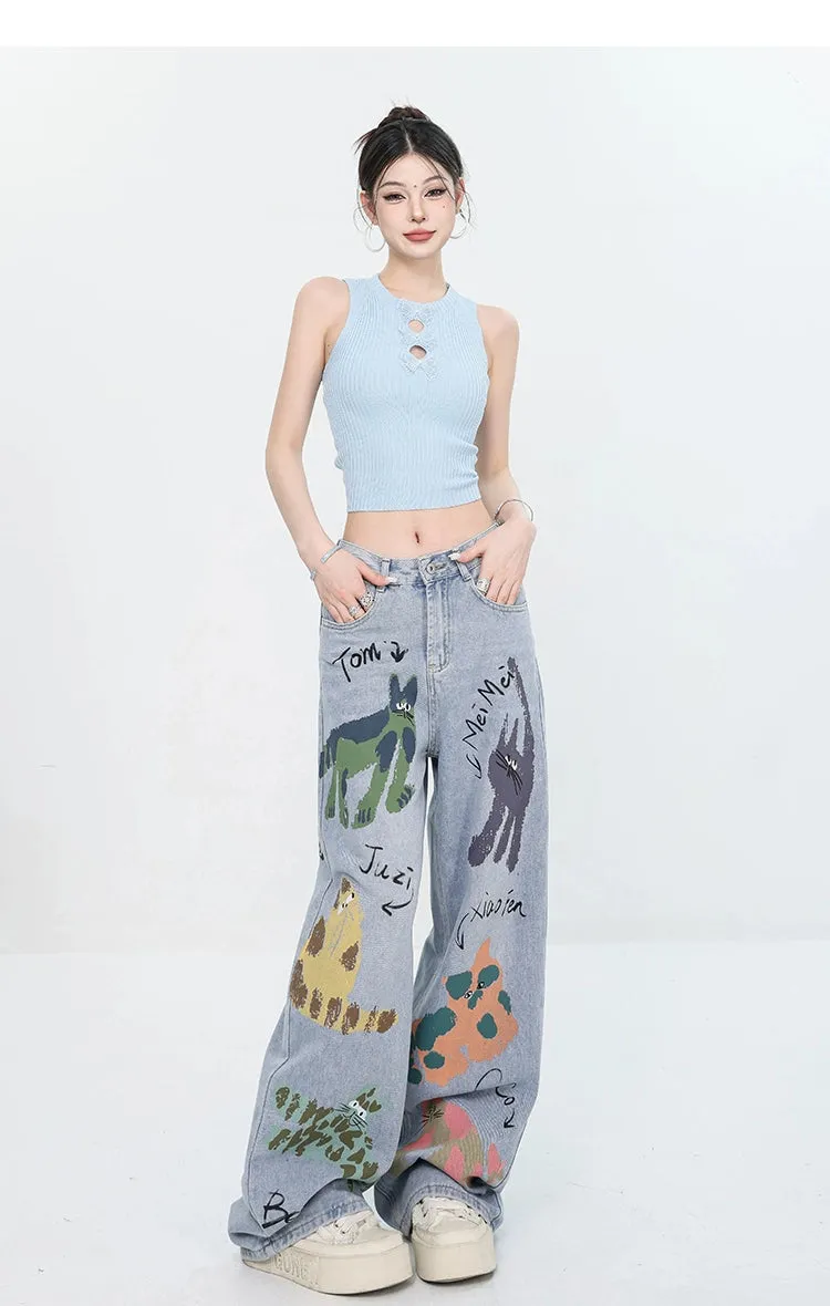 ABWEAR Whimsical Critter Doodle Wide-Leg Jeans