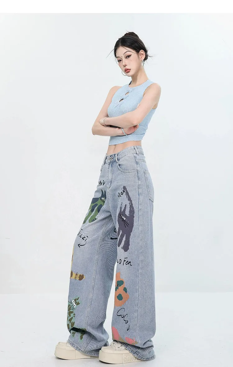 ABWEAR Whimsical Critter Doodle Wide-Leg Jeans