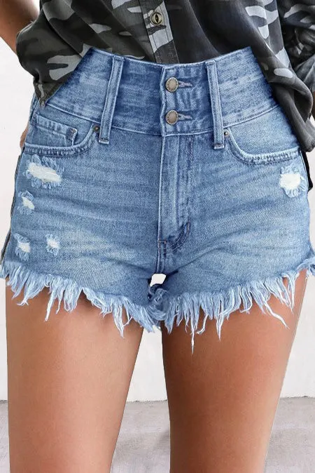 Blue Ripped Denim Shorts with Double Button Closure