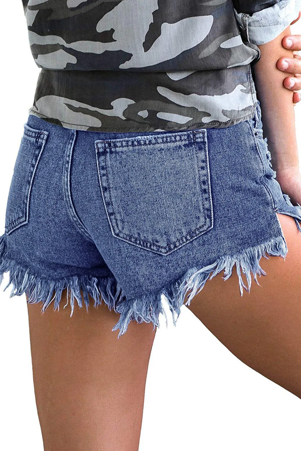 Blue Ripped Denim Shorts with Double Button Closure