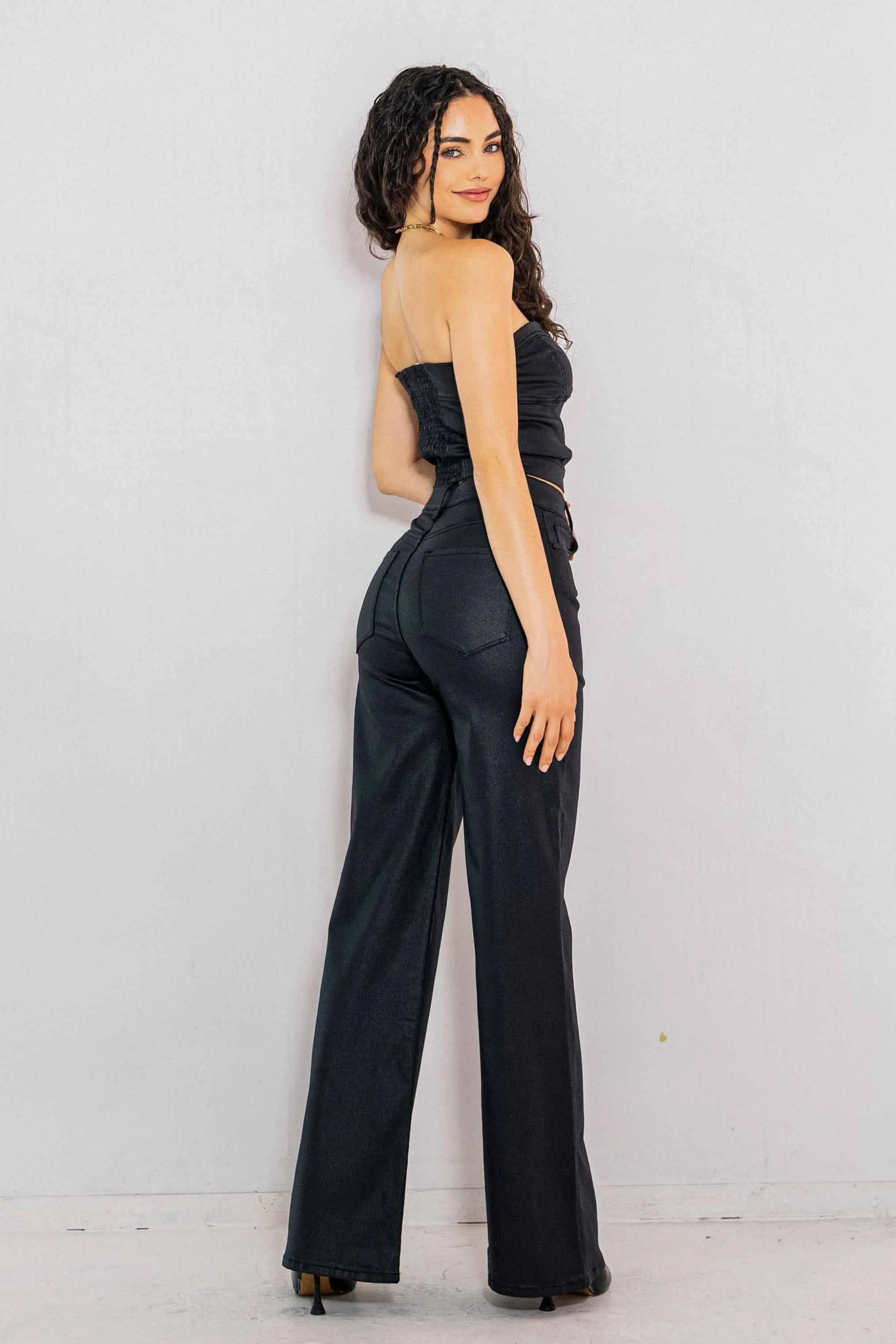 Coated Black Wide Leg Jeans