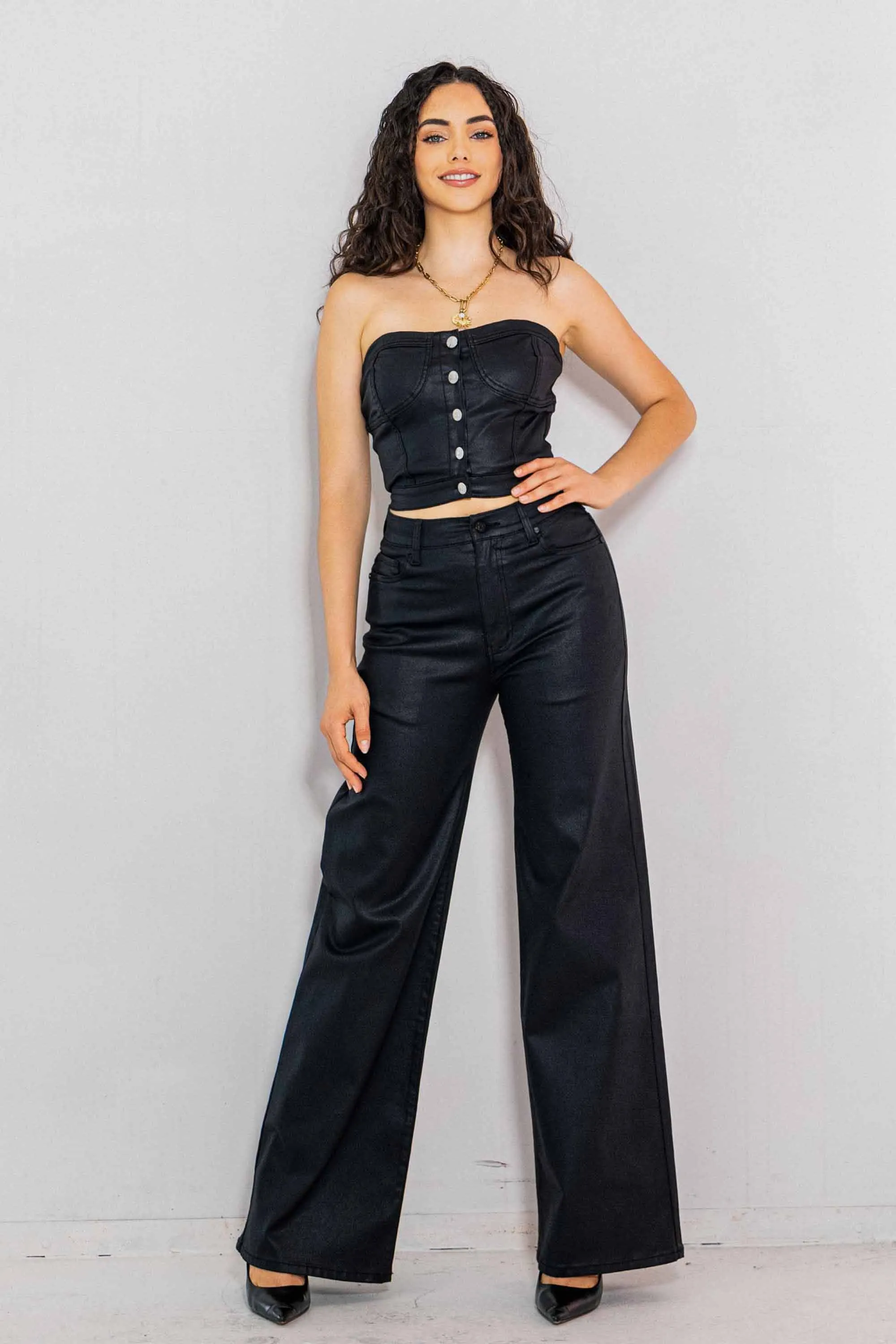 Coated Black Wide Leg Jeans
