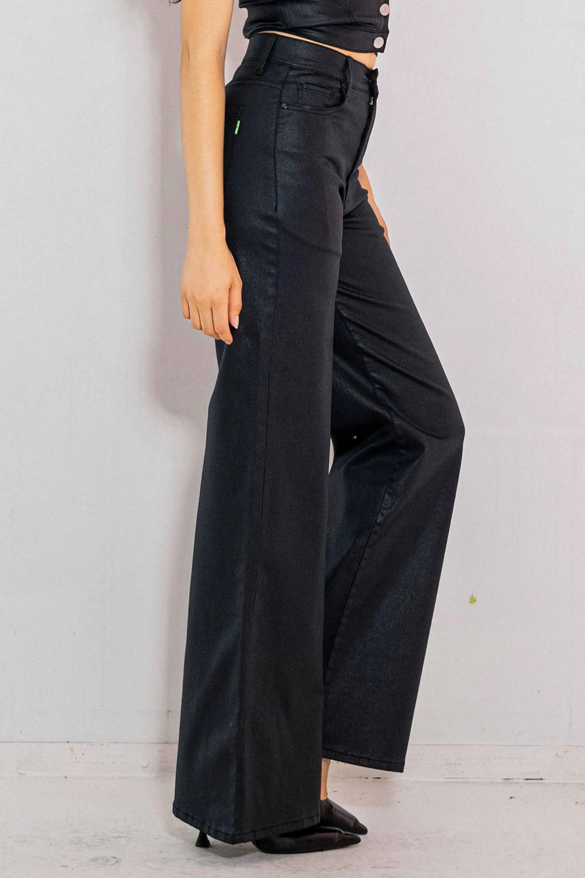 Coated Black Wide Leg Jeans