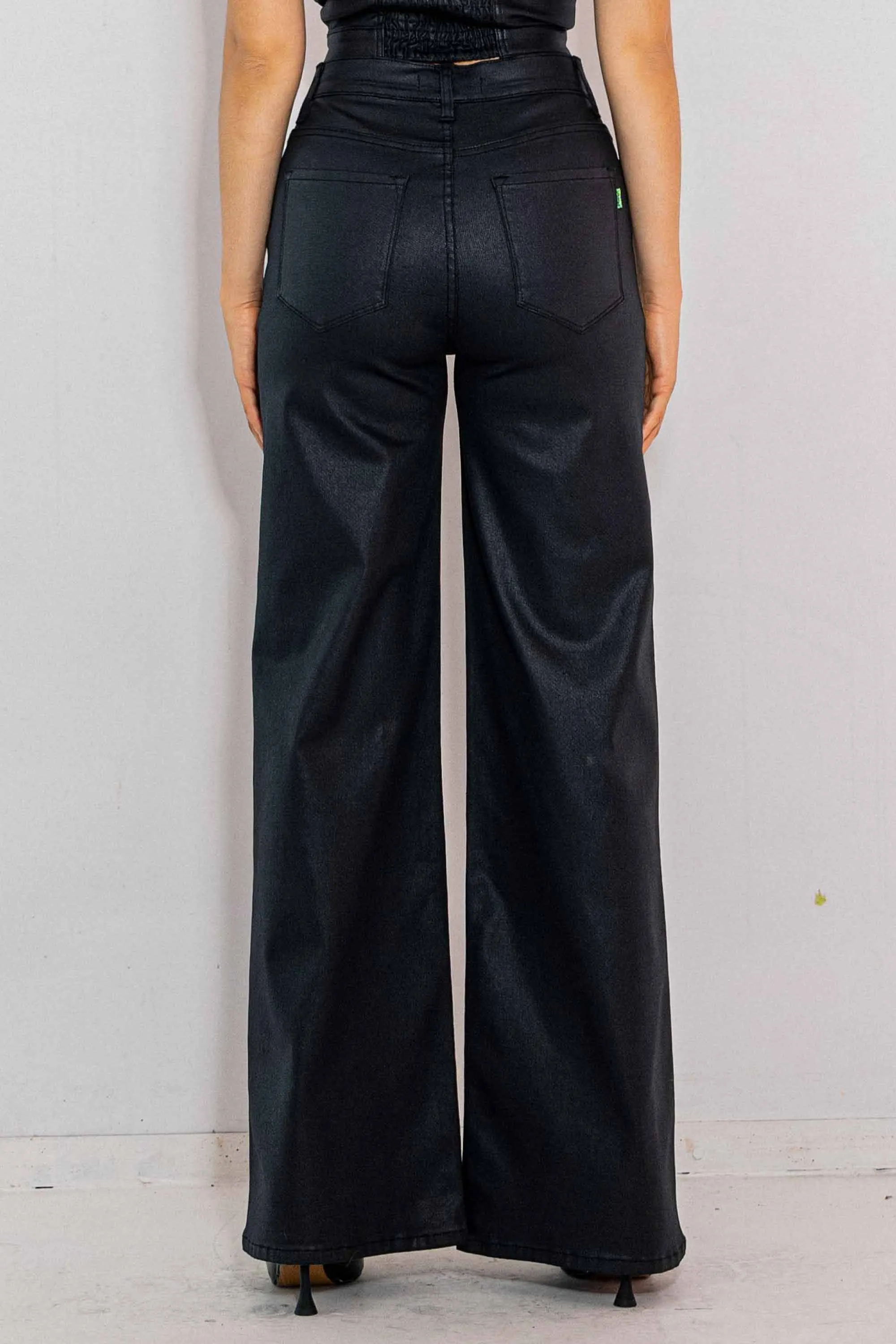 Coated Black Wide Leg Jeans