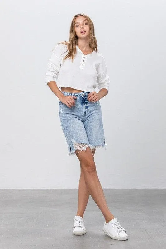 Denim Lab USA High Rise Frayed Hem Bermuda Denim Shorts