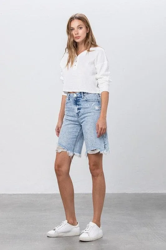 Denim Lab USA High Rise Frayed Hem Bermuda Denim Shorts