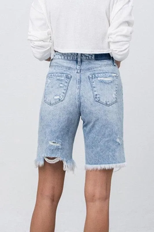 Denim Lab USA High Rise Frayed Hem Bermuda Denim Shorts