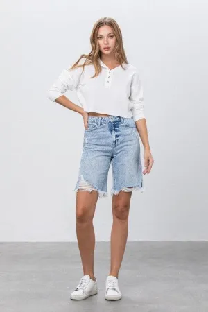Denim Lab USA High Rise Frayed Hem Bermuda Denim Shorts