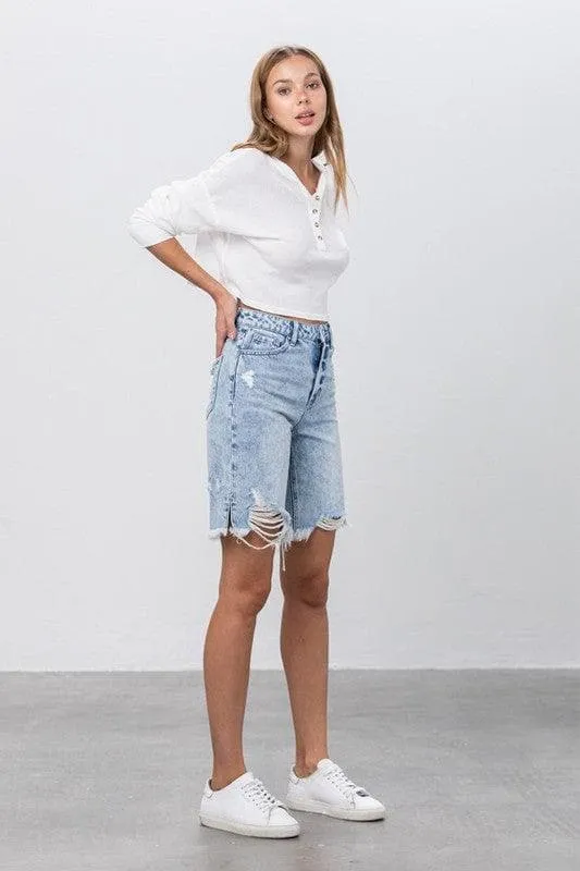 Denim Lab USA High Rise Frayed Hem Bermuda Denim Shorts
