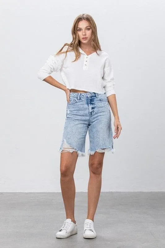 Denim Lab USA High Rise Frayed Hem Bermuda Denim Shorts