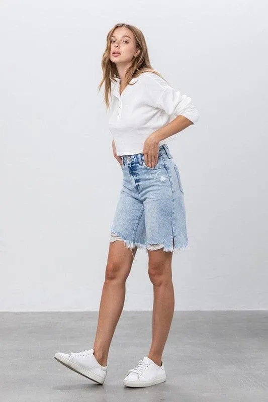 Denim Lab USA High Rise Frayed Hem Bermuda Denim Shorts