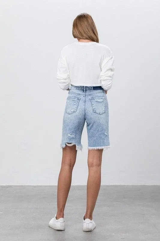 Denim Lab USA High Rise Frayed Hem Bermuda Denim Shorts