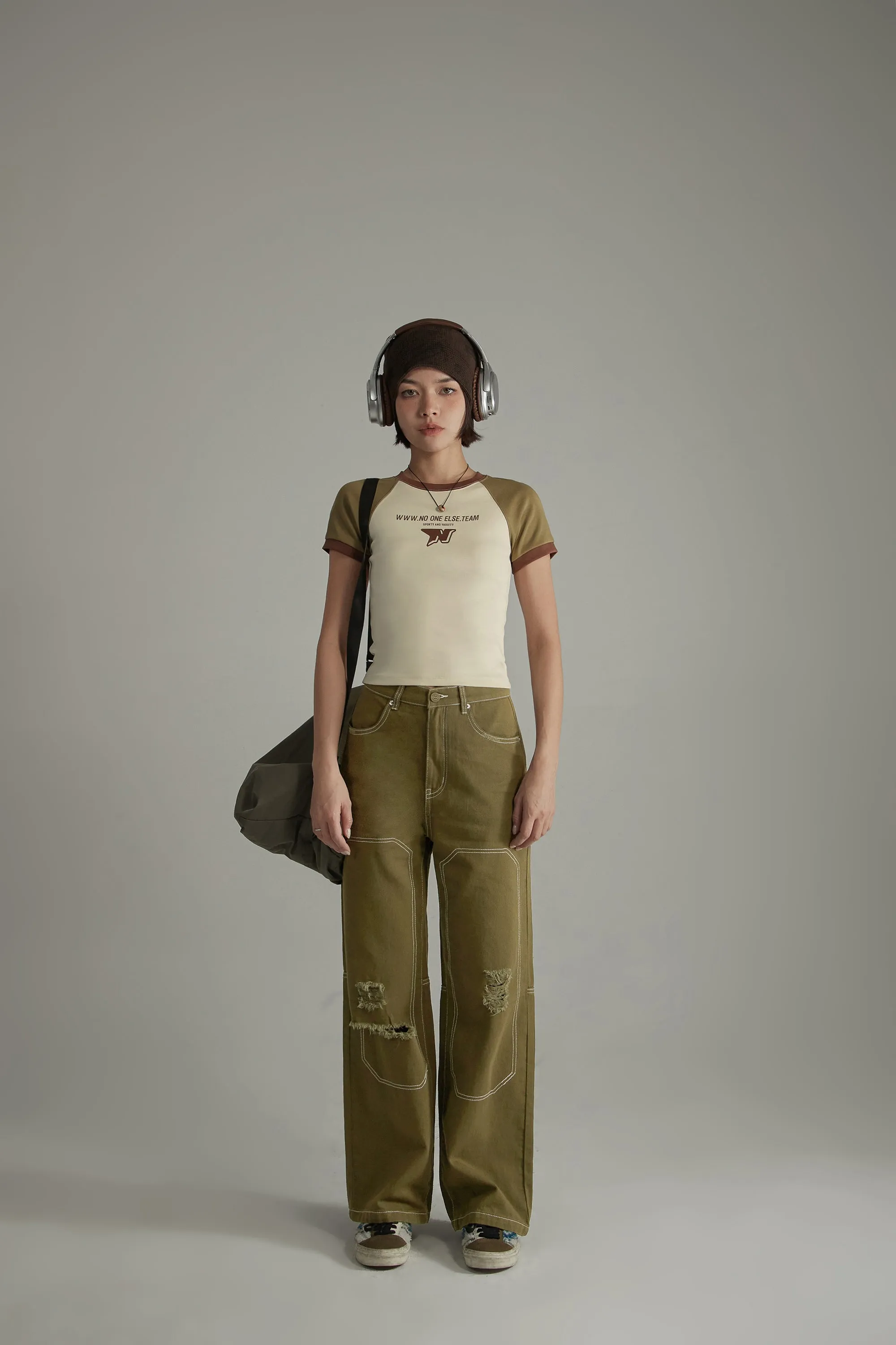 Distressed Ripped Outlined Cotton Wide Pants