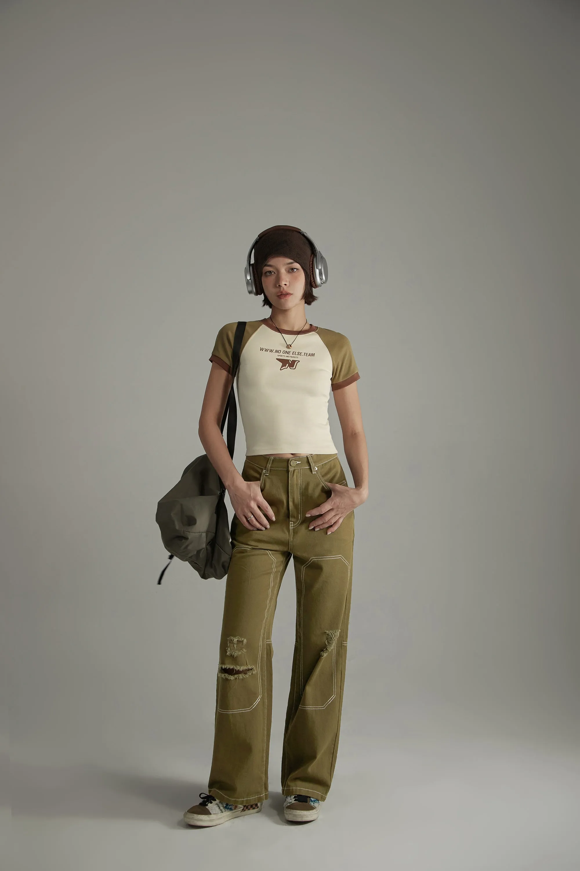 Distressed Ripped Outlined Cotton Wide Pants