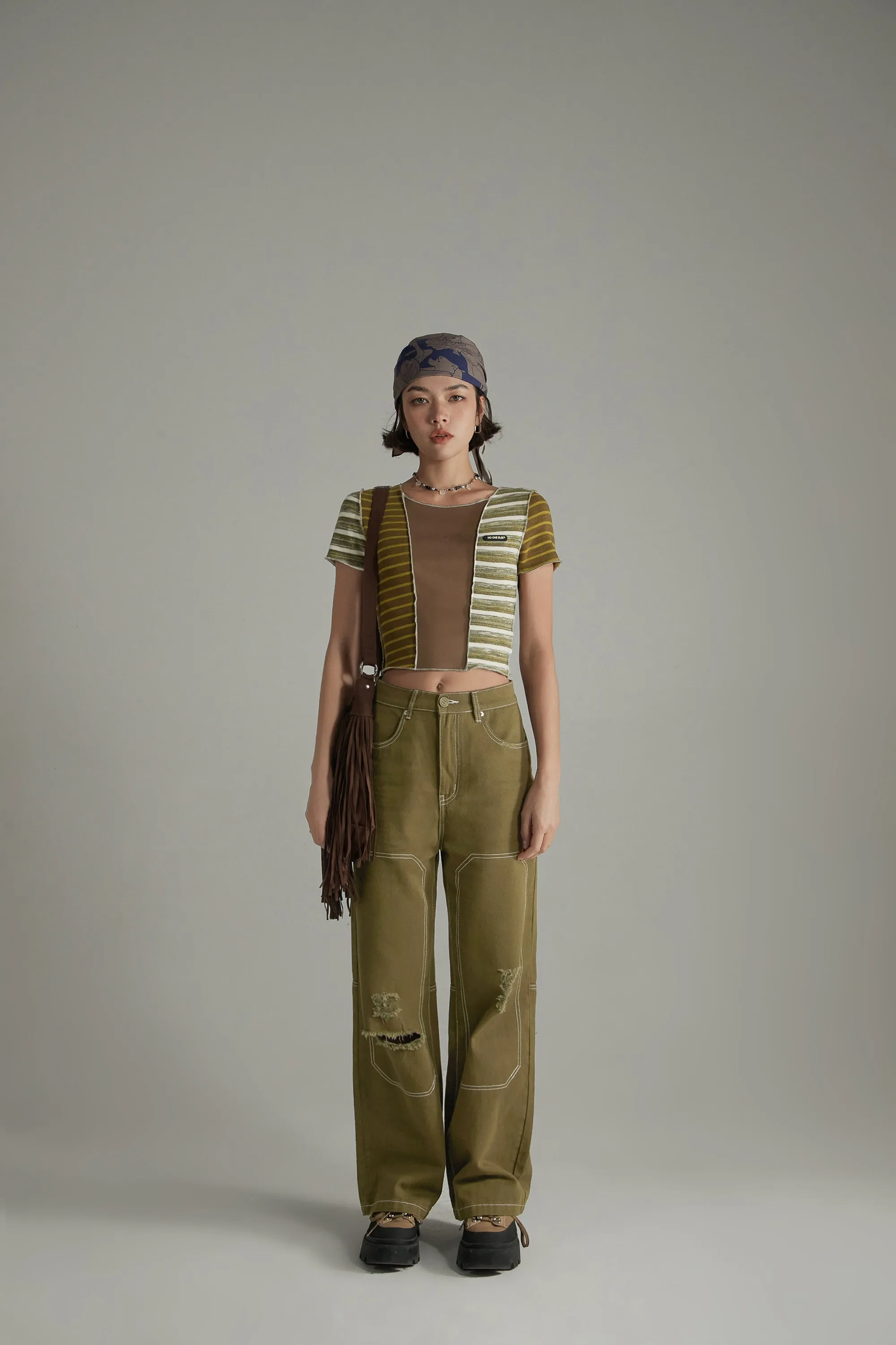 Distressed Ripped Outlined Cotton Wide Pants