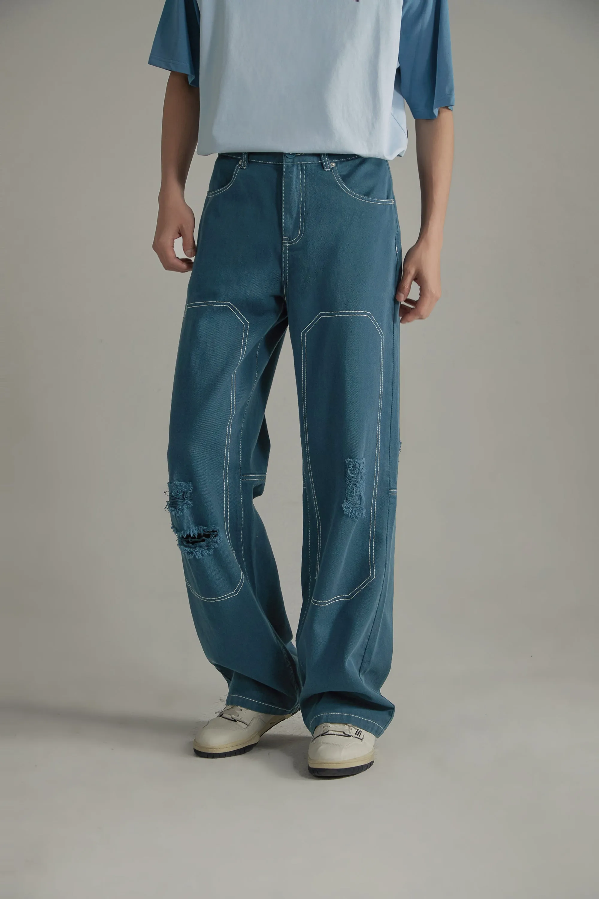 Distressed Ripped Outlined Cotton Wide Pants