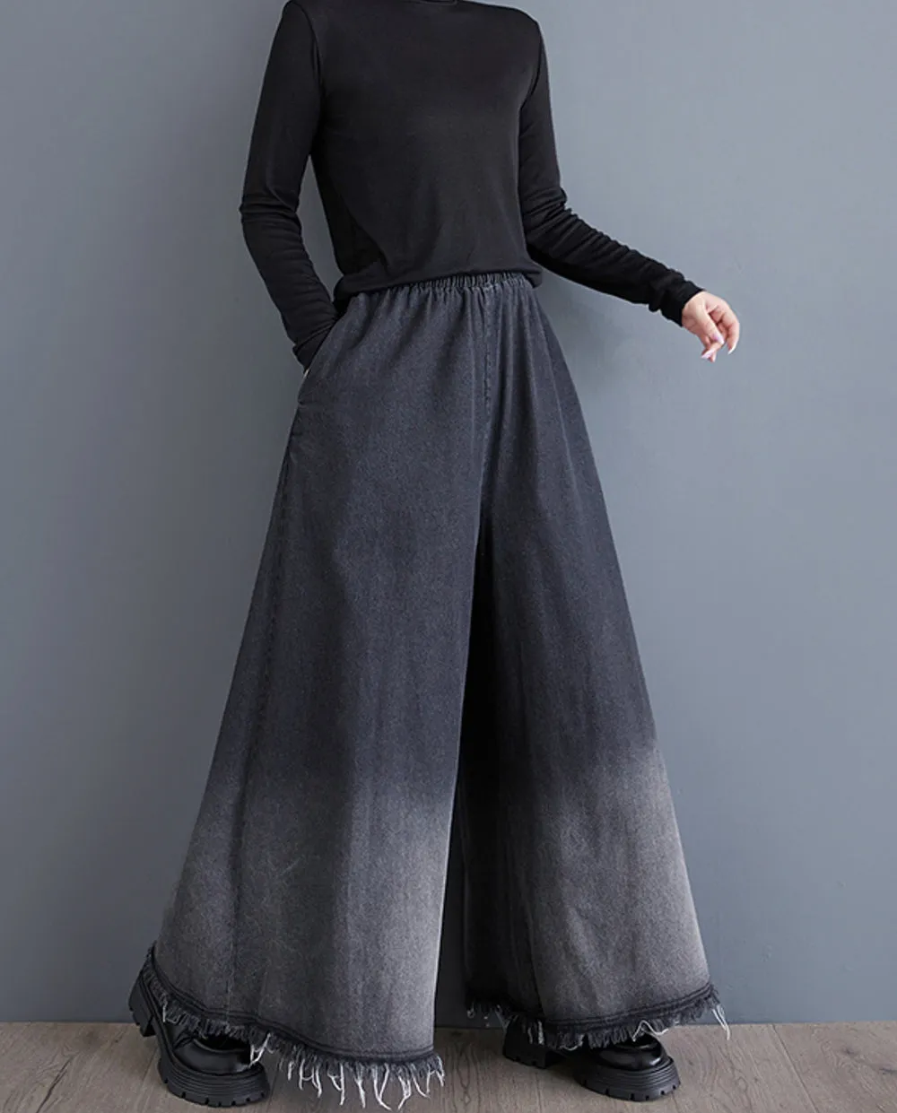 ellazhu Women's Pants Elastic Waist Wide Leg Pockets Color Block Baggy Loose Oversize Trouser GZ315