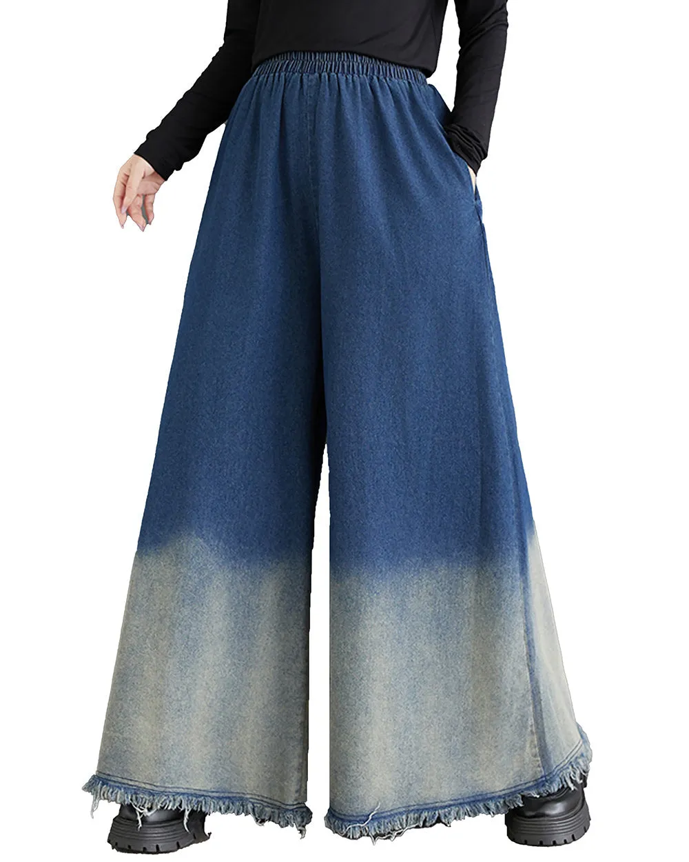 ellazhu Women's Pants Elastic Waist Wide Leg Pockets Color Block Baggy Loose Oversize Trouser GZ315