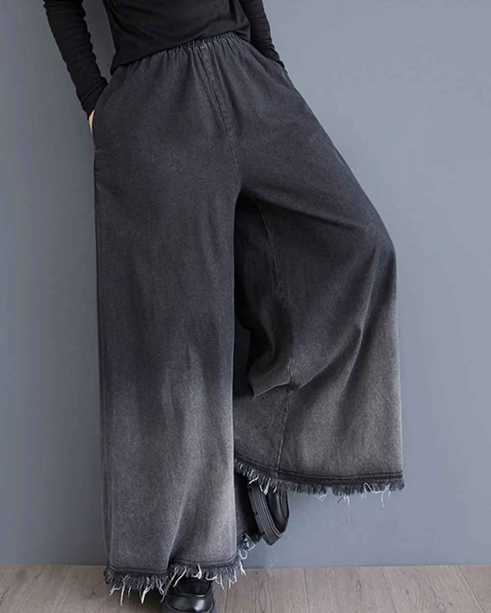 ellazhu Women's Pants Elastic Waist Wide Leg Pockets Color Block Baggy Loose Oversize Trouser GZ315