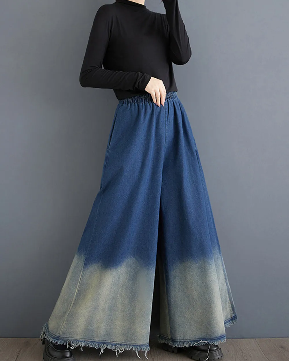 ellazhu Women's Pants Elastic Waist Wide Leg Pockets Color Block Baggy Loose Oversize Trouser GZ315