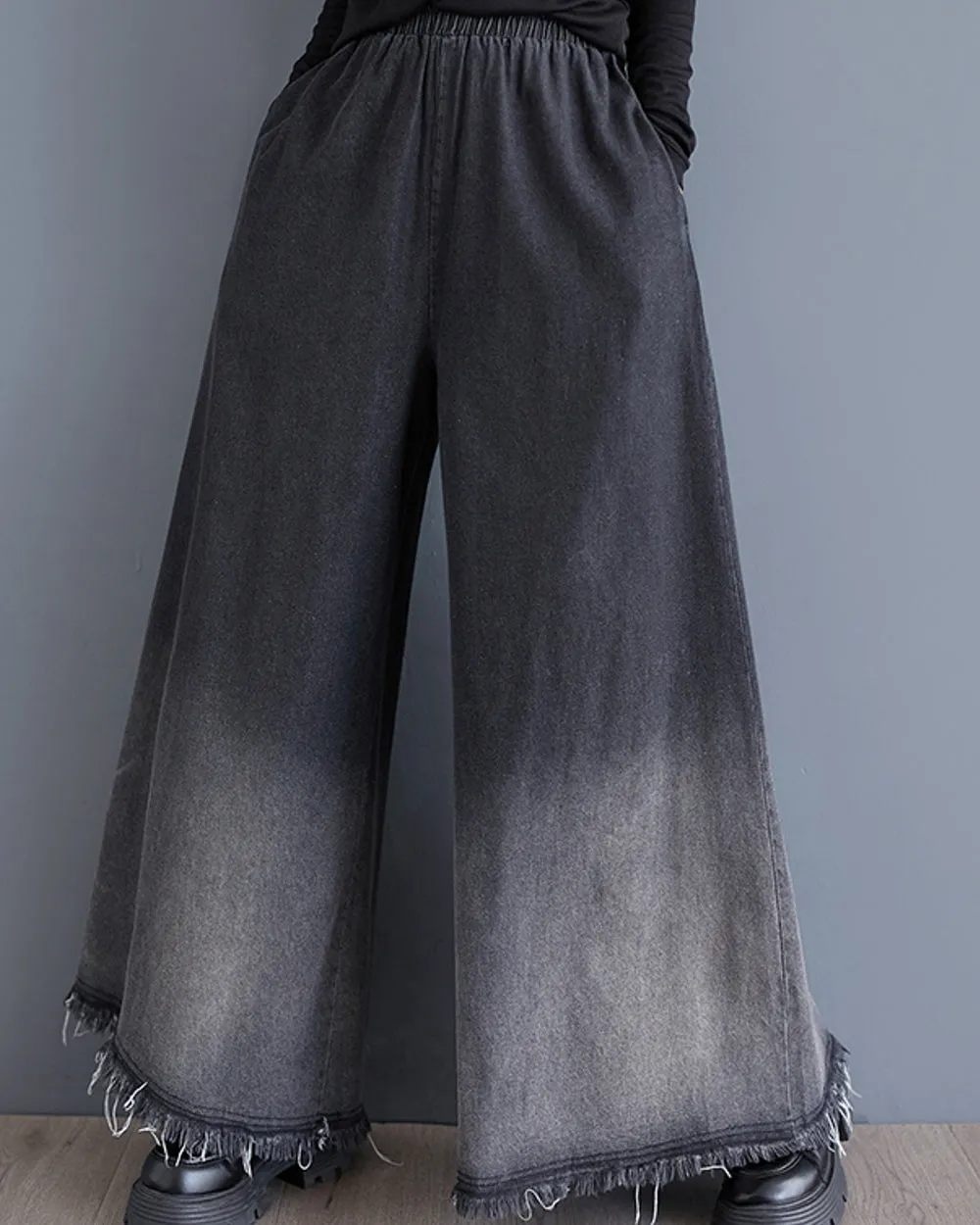 ellazhu Women's Pants Elastic Waist Wide Leg Pockets Color Block Baggy Loose Oversize Trouser GZ315