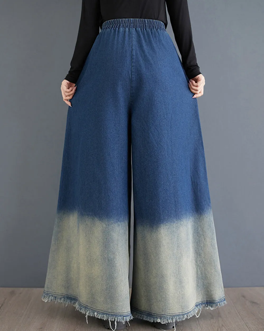 ellazhu Women's Pants Elastic Waist Wide Leg Pockets Color Block Baggy Loose Oversize Trouser GZ315