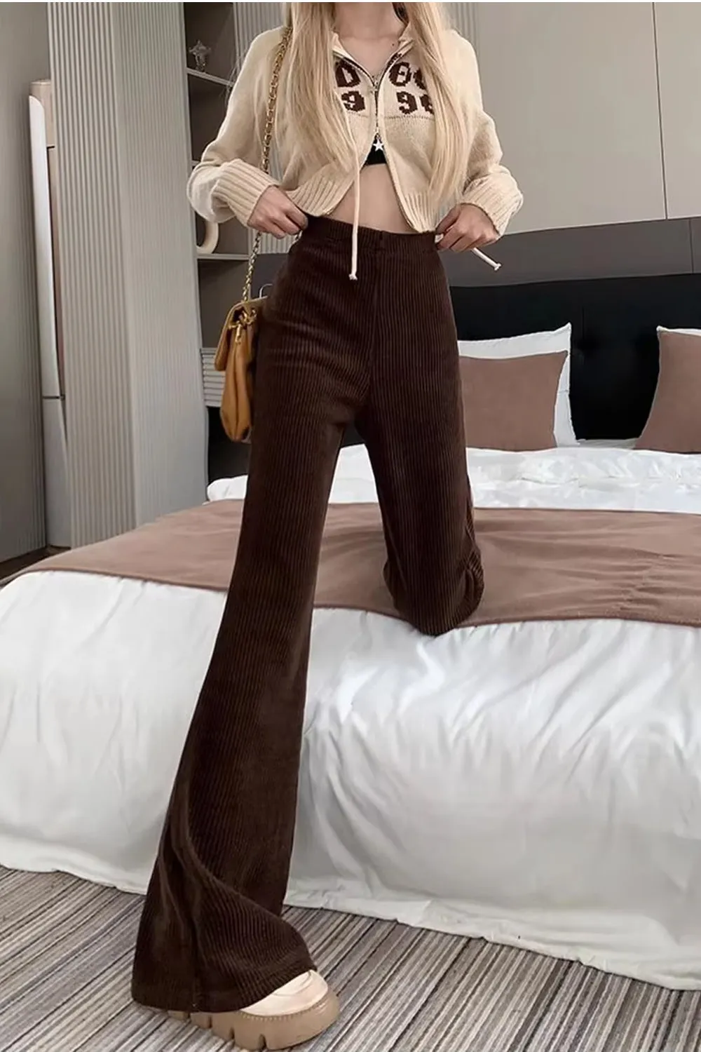 High Waist Slim Retro Corduroy Flare Pants