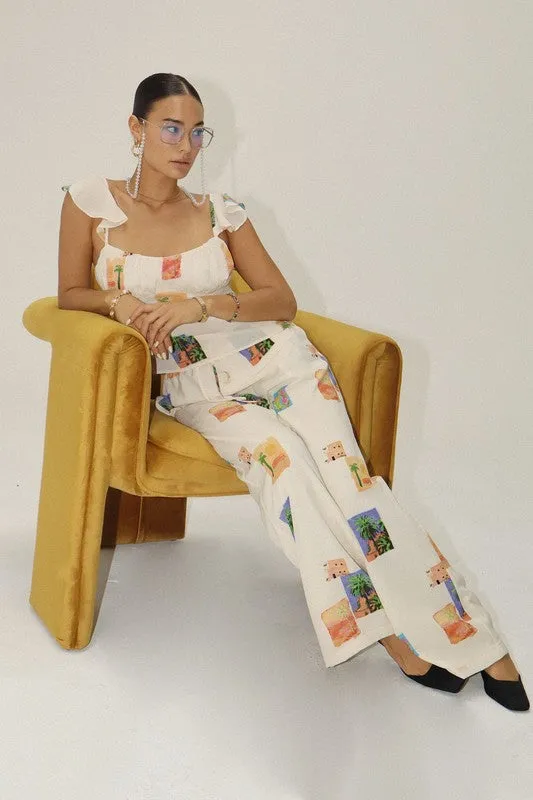 Inara Desert Postcard Print Wide Leg Pants- Cream