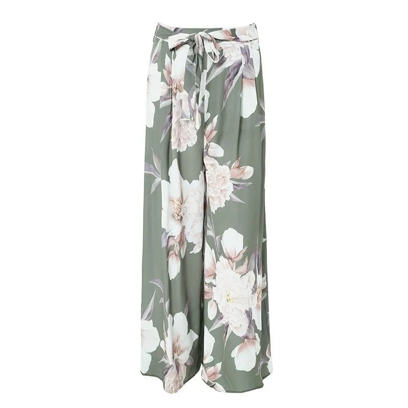 Large Floral Print wide leg pants - light green