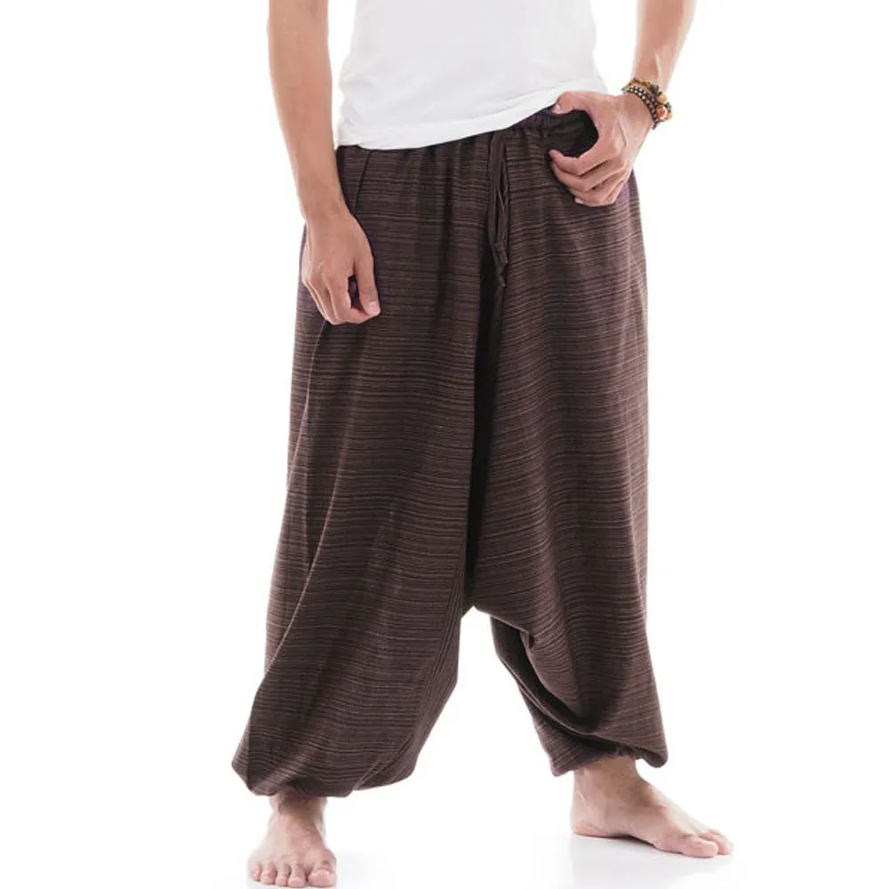 Mahogany Brown Men's Pinstripe Drop Crotch Harem Pants