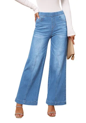 Medium Blue Women's Stretchy Pull On Jeans High Waisted Denim Pants