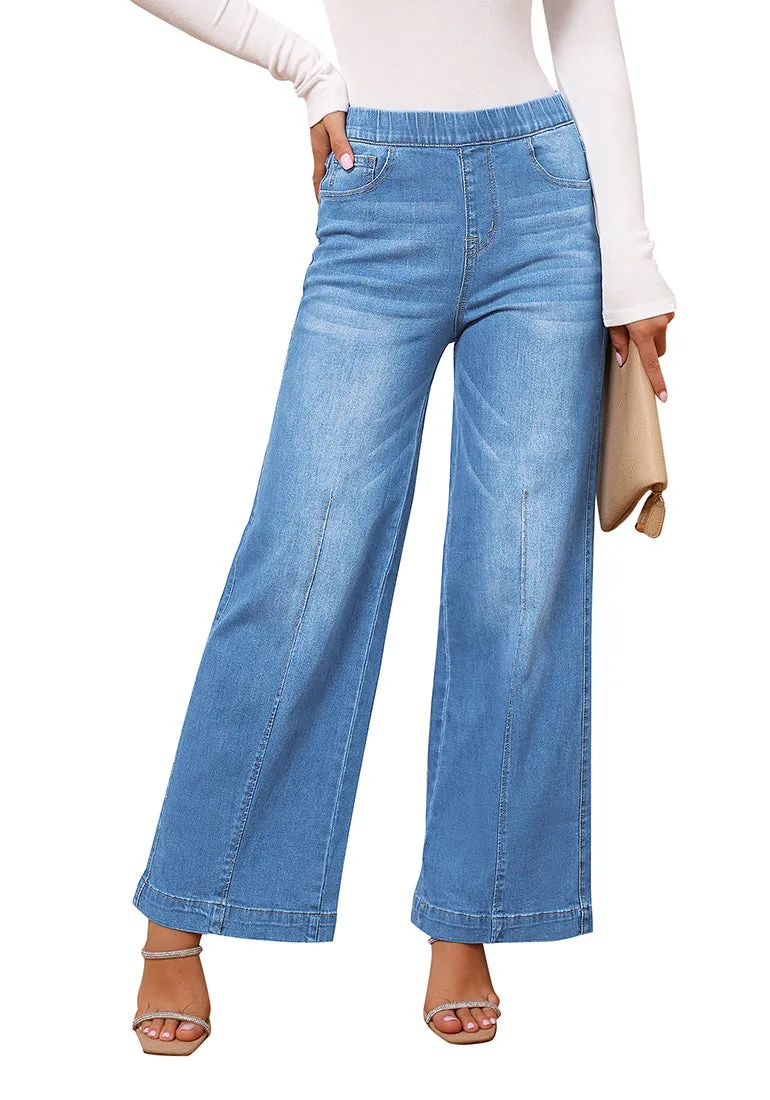 Medium Blue Women's Stretchy Pull On Jeans High Waisted Denim Pants