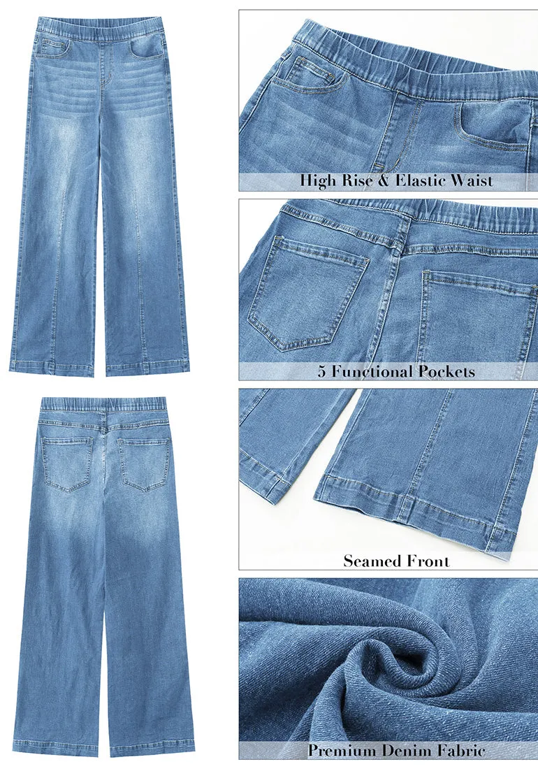 Medium Blue Women's Stretchy Pull On Jeans High Waisted Denim Pants