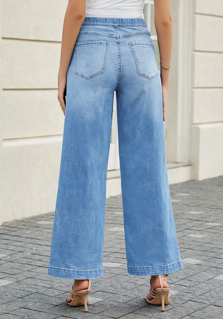 Medium Blue Women's Stretchy Pull On Jeans High Waisted Denim Pants