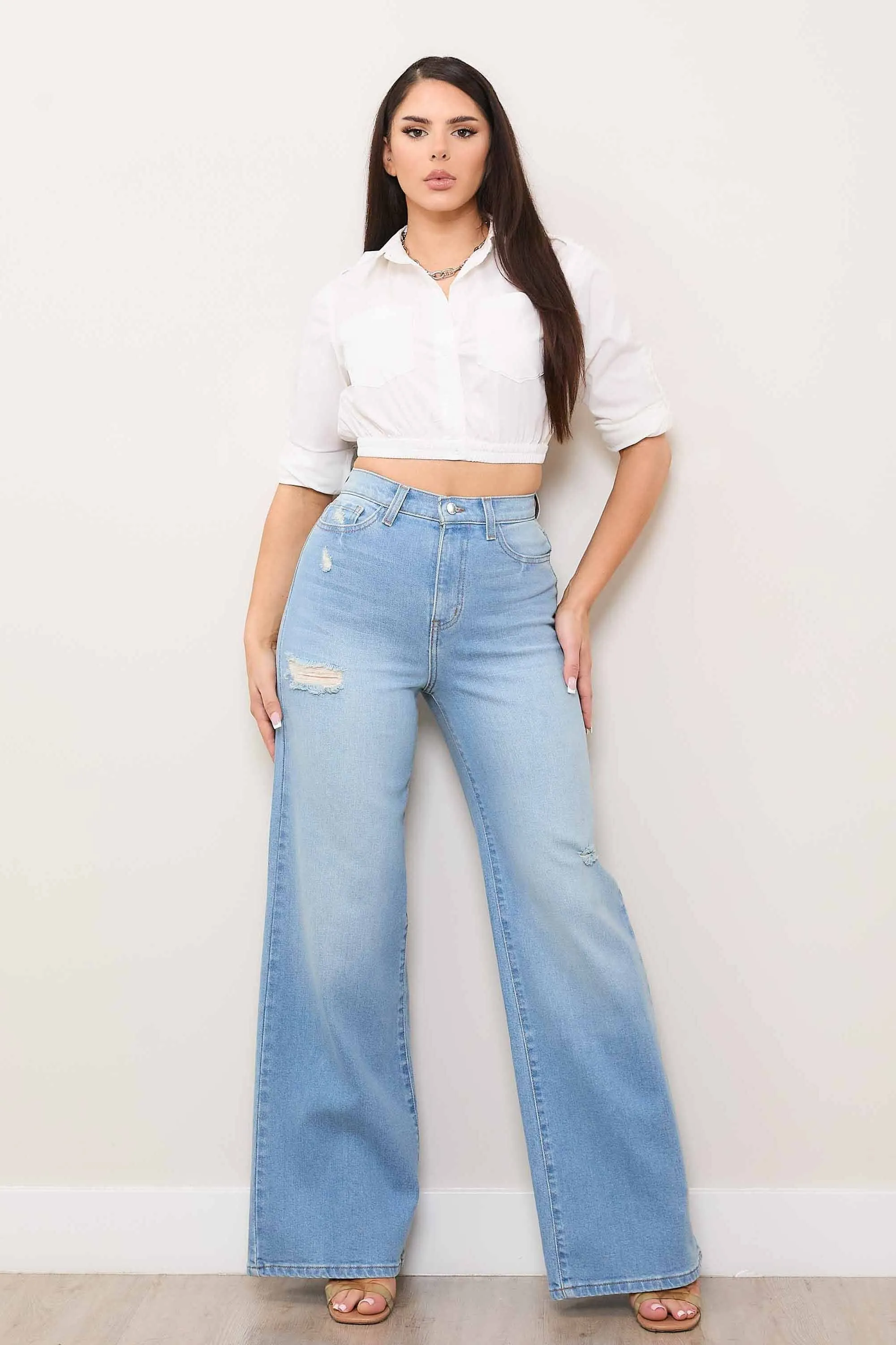 Mini Distress Wide Leg Jeans