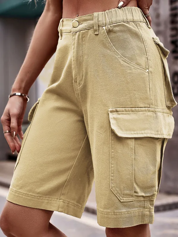 Nathalia New Elastic Waist Denim Cargo Cropped Shorts