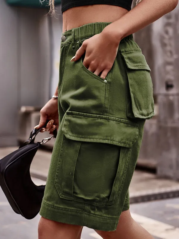 Nathalia New Elastic Waist Denim Cargo Cropped Shorts