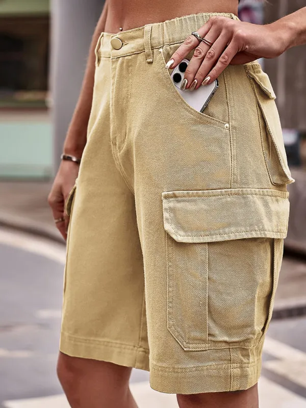 Nathalia New Elastic Waist Denim Cargo Cropped Shorts