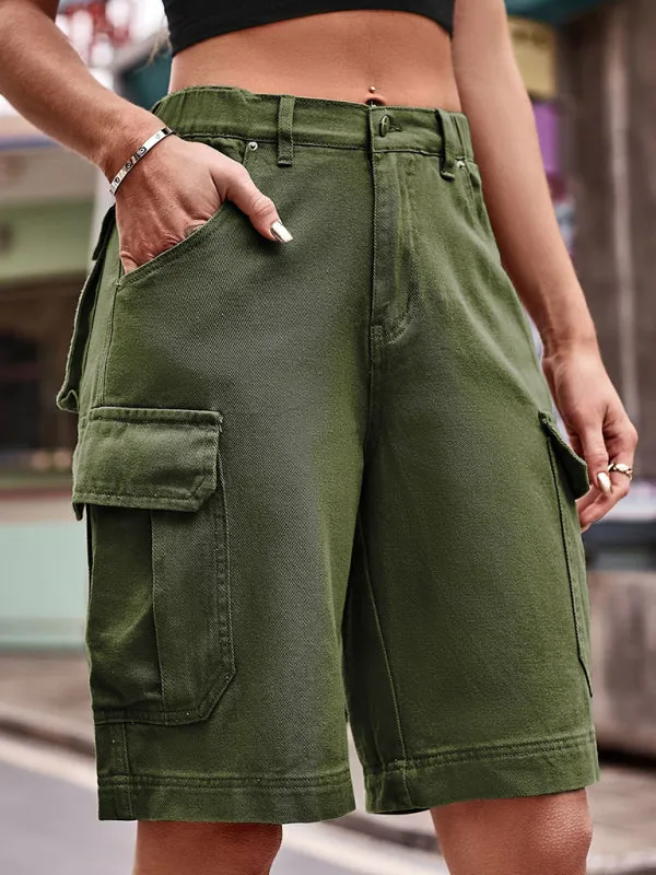 Nathalia New Elastic Waist Denim Cargo Cropped Shorts