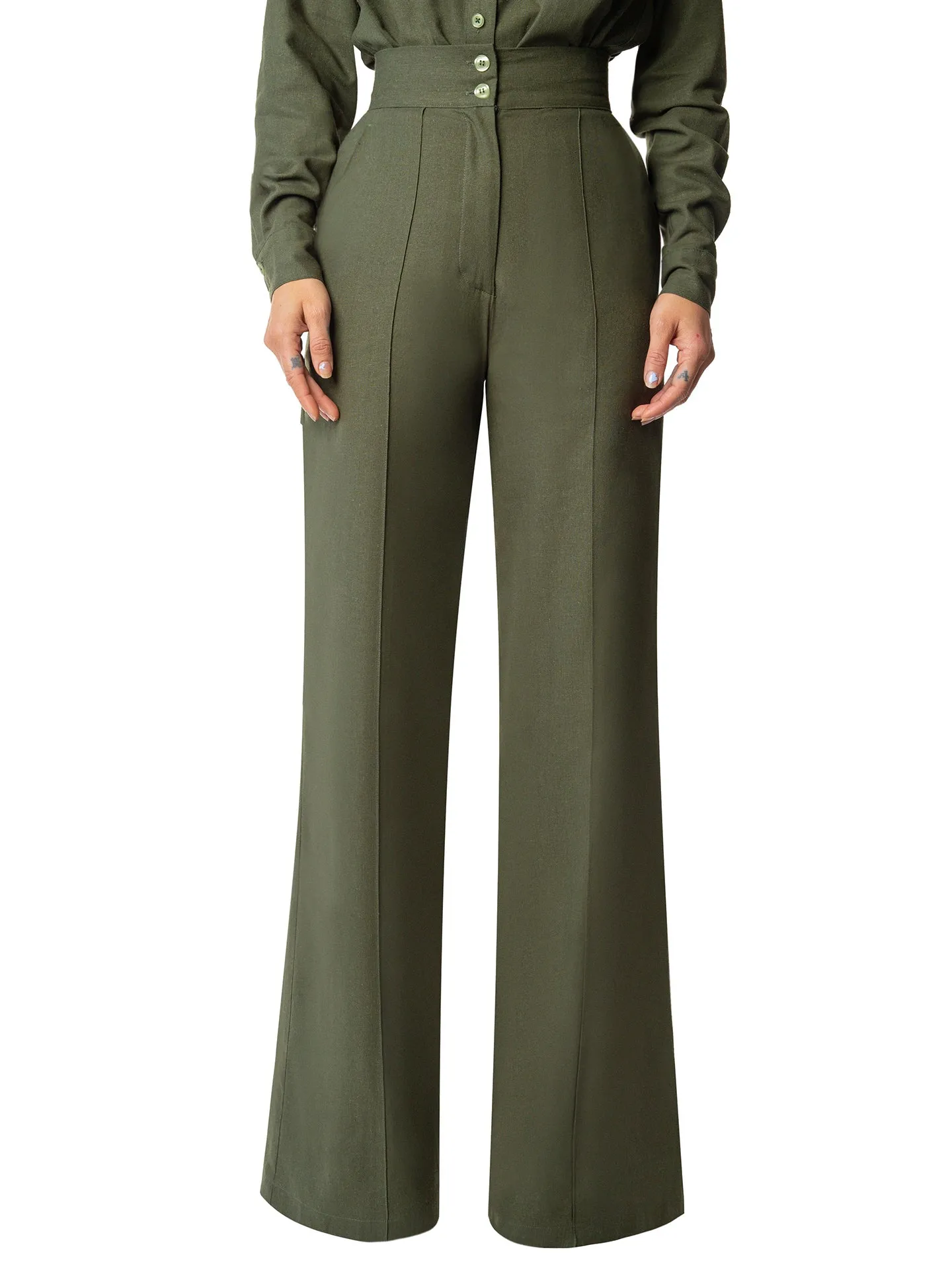 "Ebony" Olive Linen High Waist Pants