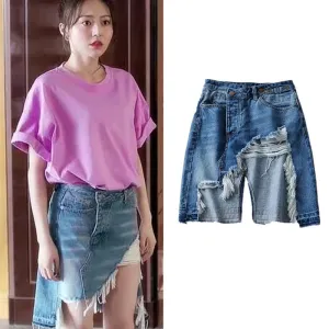 retro vintage distressed frayed demi length denim pants asymmetric jeans european style