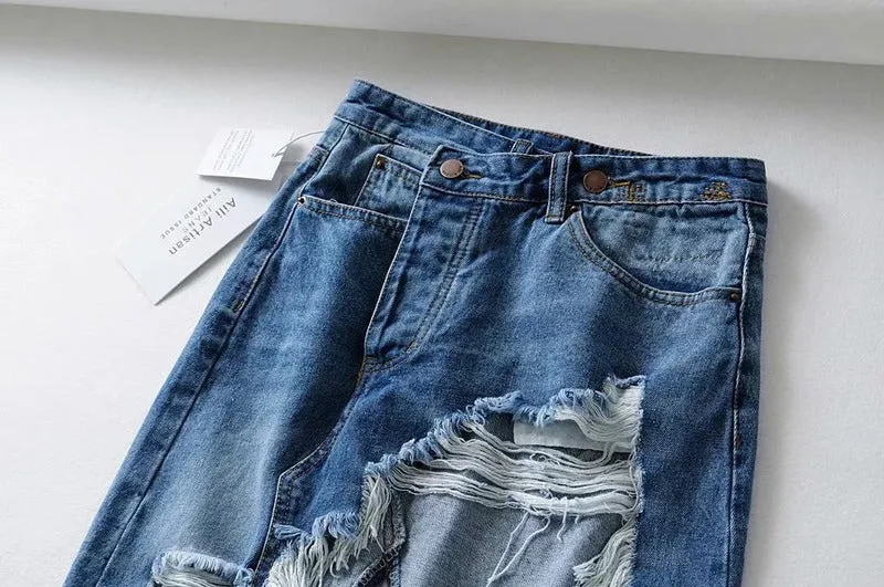 retro vintage distressed frayed demi length denim pants asymmetric jeans european style