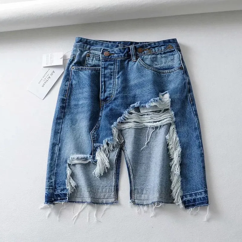 retro vintage distressed frayed demi length denim pants asymmetric jeans european style