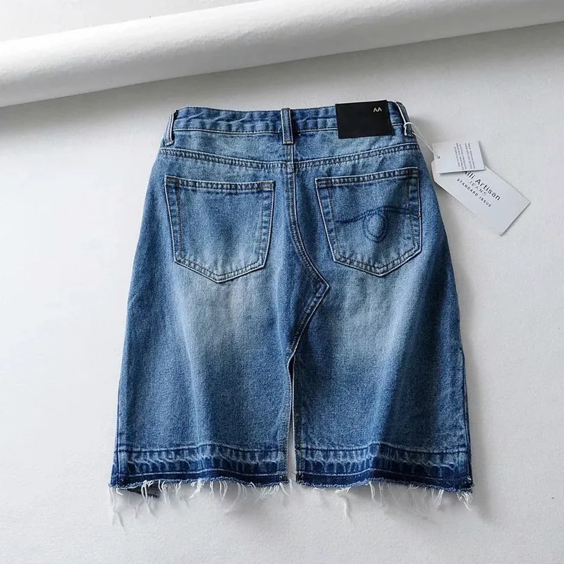 retro vintage distressed frayed demi length denim pants asymmetric jeans european style