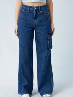 SGW - Mid Blue High-Waisted Cargo Wide-Leg Jeans