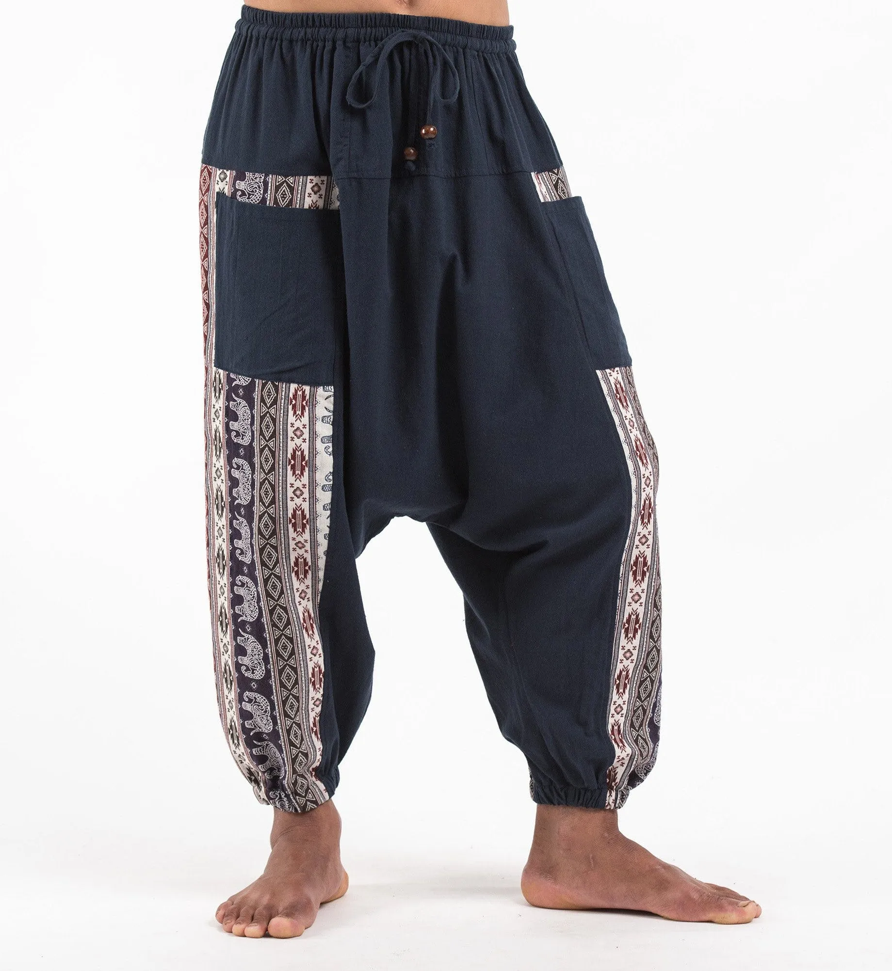 Unisex Elephant Aztec Cotton Harem Pants in Navy