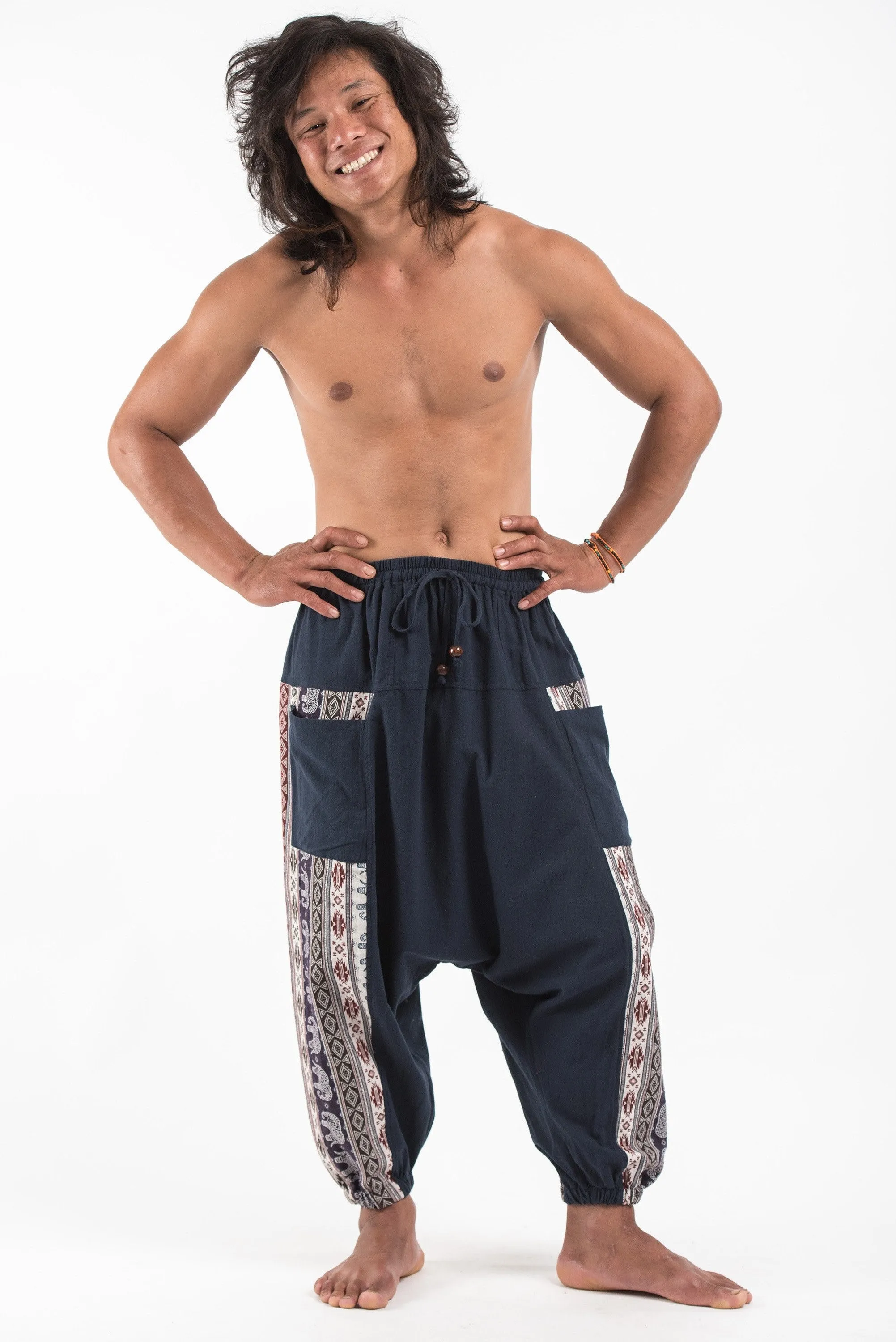 Unisex Elephant Aztec Cotton Harem Pants in Navy