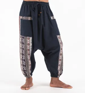 Unisex Elephant Aztec Cotton Harem Pants in Navy